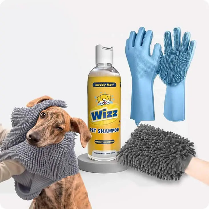 Muddy Mat® Dog Grooming Bundle – Rubber Scrubbers, Doggy Dryer, Muddy Mitt & Aloe Vera & Oatmeal Dog Shampoo for Itchy Skin Relief, Smelly Dogs & Sensitive Coats – 17 oz